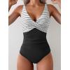 imageEomenie Womens One Piece Swimsuits Tummy Control Ruched Push Up Bathing Suit Tie Back Slimming SwimwearBlack and White Stripe