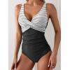 imageEomenie Womens One Piece Swimsuits Tummy Control Ruched Push Up Bathing Suit Tie Back Slimming SwimwearBlack and White Stripe