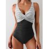 imageEomenie Womens One Piece Swimsuits Tummy Control Ruched Push Up Bathing Suit Tie Back Slimming SwimwearBlack and White Stripe