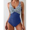 imageEomenie Womens One Piece Swimsuits Tummy Control Ruched Push Up Bathing Suit Tie Back Slimming SwimwearBlue Print