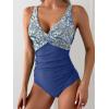 imageEomenie Womens One Piece Swimsuits Tummy Control Ruched Push Up Bathing Suit Tie Back Slimming SwimwearBlue Print