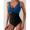 imageEomenie Womens One Piece Swimsuits Tummy Control Ruched Push Up Bathing Suit Tie Back Slimming SwimwearBlue and Black