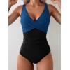 imageEomenie Womens One Piece Swimsuits Tummy Control Ruched Push Up Bathing Suit Tie Back Slimming SwimwearBlue and Black