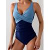imageEomenie Womens One Piece Swimsuits Tummy Control Ruched Push Up Bathing Suit Tie Back Slimming SwimwearColor Blockdark Blue
