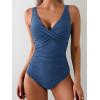 imageEomenie Womens One Piece Swimsuits Tummy Control Ruched Push Up Bathing Suit Tie Back Slimming SwimwearGrayish Blue
