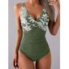 imageEomenie Womens One Piece Swimsuits Tummy Control Ruched Push Up Bathing Suit Tie Back Slimming SwimwearGreen Floral