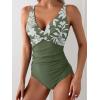 imageEomenie Womens One Piece Swimsuits Tummy Control Ruched Push Up Bathing Suit Tie Back Slimming SwimwearGreen Floral