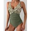 imageEomenie Womens One Piece Swimsuits Tummy Control Ruched Push Up Bathing Suit Tie Back Slimming SwimwearGreen Print