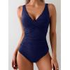 imageEomenie Womens One Piece Swimsuits Tummy Control Ruched Push Up Bathing Suit Tie Back Slimming SwimwearNavy Blue