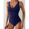 imageEomenie Womens One Piece Swimsuits Tummy Control Ruched Push Up Bathing Suit Tie Back Slimming SwimwearNavy Blue