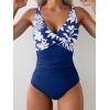 imageEomenie Womens One Piece Swimsuits Tummy Control Ruched Push Up Bathing Suit Tie Back Slimming SwimwearNavy Blue Floral
