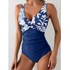 imageEomenie Womens One Piece Swimsuits Tummy Control Ruched Push Up Bathing Suit Tie Back Slimming SwimwearNavy Blue Floral