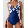 imageEomenie Womens One Piece Swimsuits Tummy Control Ruched Push Up Bathing Suit Tie Back Slimming SwimwearNavy Blue Floral