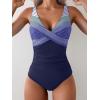 imageEomenie Womens One Piece Swimsuits Tummy Control Ruched Push Up Bathing Suit Tie Back Slimming SwimwearNavy Blue Stripe