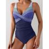 imageEomenie Womens One Piece Swimsuits Tummy Control Ruched Push Up Bathing Suit Tie Back Slimming SwimwearNavy Blue Stripe