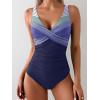 imageEomenie Womens One Piece Swimsuits Tummy Control Ruched Push Up Bathing Suit Tie Back Slimming SwimwearNavy Blue Stripe