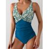 imageEomenie Womens One Piece Swimsuits Tummy Control Ruched Push Up Bathing Suit Tie Back Slimming SwimwearPeacock Blue Print