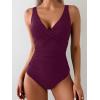 imageEomenie Womens One Piece Swimsuits Tummy Control Ruched Push Up Bathing Suit Tie Back Slimming SwimwearPurple