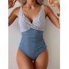 imageEomenie Womens One Piece Swimsuits Tummy Control Ruched Push Up Bathing Suit Tie Back Slimming SwimwearWhite and Blue Stripe