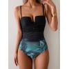 imageEomenie Womens Push Up Wrap Front Swimsuit One Piece Tummy Control Bathing Suits Bandeau Support Slimming SwimwearBlack and Blue Printed