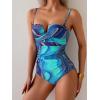 imageEomenie Womens Push Up Wrap Front Swimsuit One Piece Tummy Control Bathing Suits Bandeau Support Slimming SwimwearPurple and Blue Printed