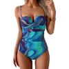 imageEomenie Womens Push Up Wrap Front Swimsuit One Piece Tummy Control Bathing Suits Bandeau Support Slimming SwimwearPurple and Blue Printed