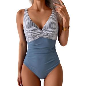 imageEomenie Womens One Piece Swimsuits Tummy Control Ruched Push Up Bathing Suit Tie Back Slimming SwimwearWhite and Blue Stripe