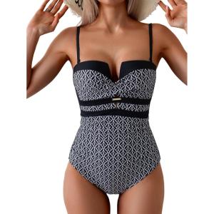 imageEomenie Womens Push Up Wrap Front Swimsuit One Piece Tummy Control Bathing Suits Bandeau Support Slimming SwimwearPrinted B