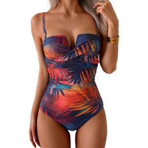 imageEomenie Womens Push Up Wrap Front Swimsuit One Piece Tummy Control Bathing Suits Bandeau Support Slimming SwimwearRed and Yellow Printed