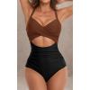 imageEomenie Womens One Piece Swimsuits Tummy Control Cutout High Waisted Bathing Suit Wrap Tie Back 1 Piece SwimsuitCaramel  Black