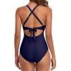 imageEomenie Womens One Piece Swimsuits Tummy Control Cutout High Waisted Bathing Suit Wrap Tie Back 1 Piece SwimsuitDark Blue