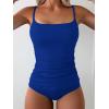 imageEomenie Womens Swimsuit Tankini Tummy Control Bathing Suits Two Piece Full Coverage Slim Swim Suits with High Waisted BottomBlueribbed
