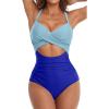 imageEomenie Womens One Piece Swimsuits Tummy Control Cutout High Waisted Bathing Suit Wrap Tie Back 1 Piece SwimsuitBlue Block