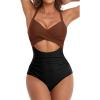 imageEomenie Womens One Piece Swimsuits Tummy Control Cutout High Waisted Bathing Suit Wrap Tie Back 1 Piece SwimsuitCaramel  Black