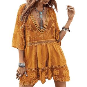 imageEomenie Womens Contrast Lace Bathing Suit Cover Up VNeck Swimsuit Coverups Loose Swimwear Beach Dress BeachwearBrown