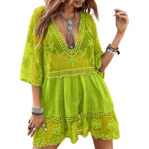 imageEomenie Womens Contrast Lace Bathing Suit Cover Up VNeck Swimsuit Coverups Loose Swimwear Beach Dress BeachwearFluorescent Green