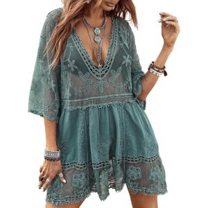 imageEomenie Womens Contrast Lace Bathing Suit Cover Up VNeck Swimsuit Coverups Loose Swimwear Beach Dress BeachwearGreen