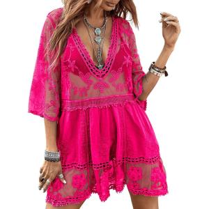 imageEomenie Womens Contrast Lace Bathing Suit Cover Up VNeck Swimsuit Coverups Loose Swimwear Beach Dress BeachwearHot Pink
