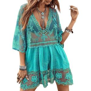 imageEomenie Womens Contrast Lace Bathing Suit Cover Up VNeck Swimsuit Coverups Loose Swimwear Beach Dress BeachwearLight Blue