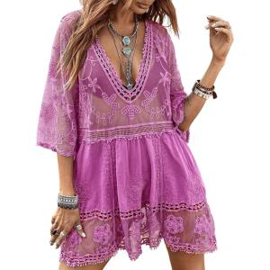 imageEomenie Womens Contrast Lace Bathing Suit Cover Up VNeck Swimsuit Coverups Loose Swimwear Beach Dress BeachwearLight Purple