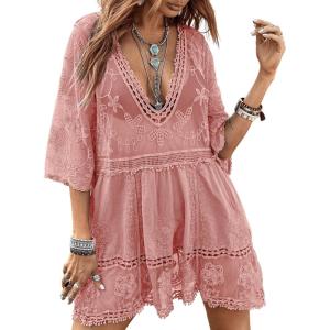 imageEomenie Womens Contrast Lace Bathing Suit Cover Up VNeck Swimsuit Coverups Loose Swimwear Beach Dress BeachwearPink