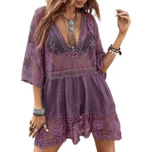imageEomenie Womens Contrast Lace Bathing Suit Cover Up VNeck Swimsuit Coverups Loose Swimwear Beach Dress BeachwearPurple