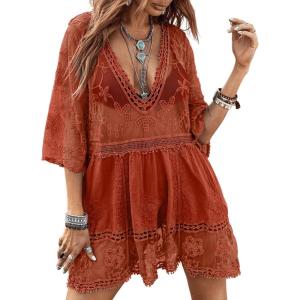 imageEomenie Womens Contrast Lace Bathing Suit Cover Up VNeck Swimsuit Coverups Loose Swimwear Beach Dress BeachwearRed
