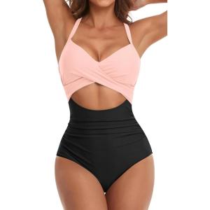 imageEomenie Womens One Piece Swimsuits Tummy Control Cutout High Waisted Bathing Suit Wrap Tie Back 1 Piece SwimsuitBlack Pink
