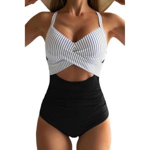 imageEomenie Womens One Piece Swimsuits Tummy Control Cutout High Waisted Bathing Suit Wrap Tie Back 1 Piece SwimsuitBlack Striped