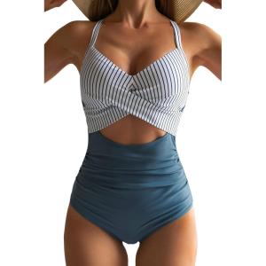 imageEomenie Womens One Piece Swimsuits Tummy Control Cutout High Waisted Bathing Suit Wrap Tie Back 1 Piece SwimsuitBlue Striped