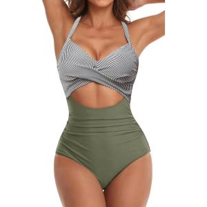 imageEomenie Womens One Piece Swimsuits Tummy Control Cutout High Waisted Bathing Suit Wrap Tie Back 1 Piece SwimsuitGreen Stripes