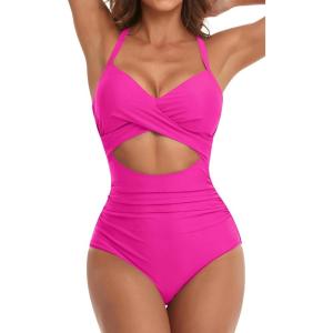 imageEomenie Womens One Piece Swimsuits Tummy Control Cutout High Waisted Bathing Suit Wrap Tie Back 1 Piece SwimsuitHot Pink