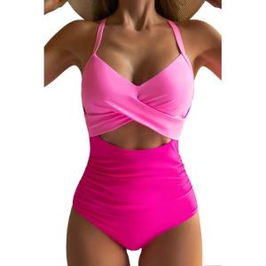 imageEomenie Womens One Piece Swimsuits Tummy Control Cutout High Waisted Bathing Suit Wrap Tie Back 1 Piece SwimsuitPink