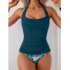 imageEomenie Womens Halter Tankini Bathing Suit Ruched Tummy Control Two Piece Swimsuit with BottomBlue Print